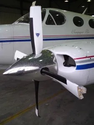An MT-Propeller blade broken at the tip after a propeller strike, with the rest of the blade still attached