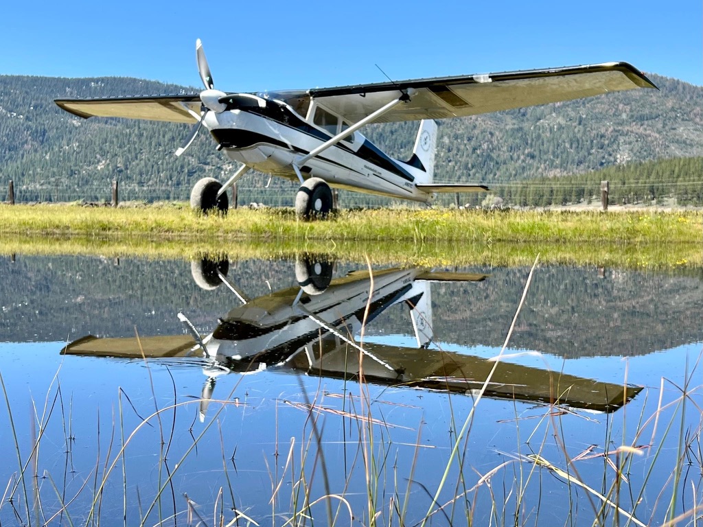 Cessna 180 on a grass strip beside a still pond, reflected in the water