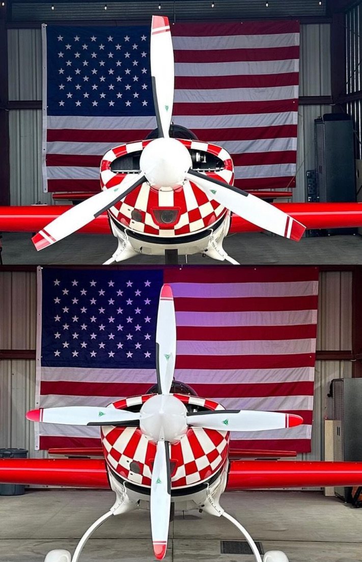 Two views of a red and white checkered aerobatic aircraft with a white three-blade MT propeller in front of an American flag